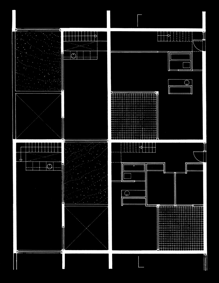 Typical residential unit plans. Upper floor left, lower floor right, showing different configurations that are possible.